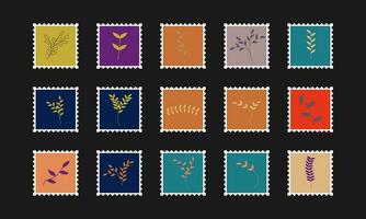 Set of postal stamps and postmarks, black isolated on black background, vector illustration.