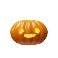 Happy Halloween. Vector orange pumpkin emotion with face scary smile. Realistic 3d render illustration in clay, plastic style. Autumn decor for poster, banner, flyer. Spooky lantern to october holiday