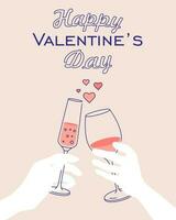 Vector happy valentines day greeting card template with two people holding glasses of wine. Isolated template illustration on pink background with lettering