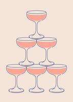 Cocktail glasses pyramid. Sparkling wine, cocktail tower postcard for web and print. Party invitation with glass tower line art vector illustration.