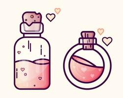 Set of two love potion bottles icons. Valentine's day logo with hearts illustration. Pink love liquid design vector