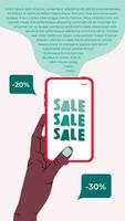 Sale vertical card template for social media. Hand holding phone with discounts and shape for text. Modern hand drawn illustration. Sale poster for web and print. Discount and special offer concept. vector