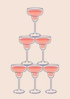 Cocktail glasses pyramid. Sparkling wine, cocktail tower postcard for web and print. Party invitation with glass tower line art vector illustration.