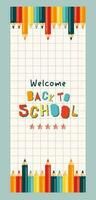 Back to school vertical banner concept. Modern illustration of colorful pencils on a checkered paper and text. Student, pupil. Trendy vector illustration for card, web banner design.