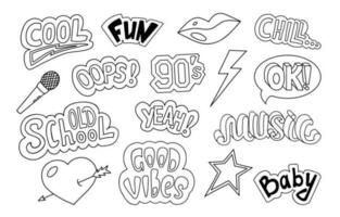 90s or Y2k style hand drawn elements with Oops, Yeah text. Doodle sketch style. Outline vector illustration on white background