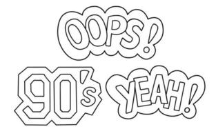 90s or Y2k style hand drawn elements with Oops, Yeah text. Doodle sketch style. Outline vector illustration on white background