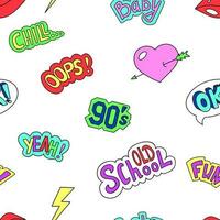 Seamless pattern, trendy retro cool comic style. 90s Pop color handdrawn colorful lettering. Cartoon label patches with text. Speech bubble elements, doodle style vector background