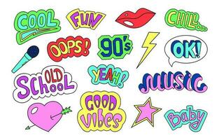 Trendy retro speech bubble elements, comic style. Cool pop color 90s handdrawn Lettering on white background. Cartoon label patches with text. Doodle vector sticker pack