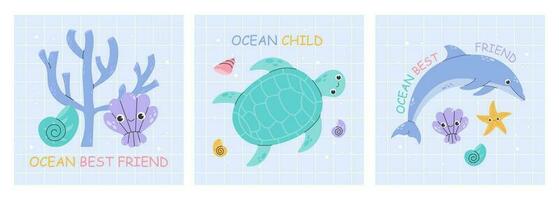 Nautical themed posters, seashell, sea turtle, dolphin. Cute baby illustrations with lettering for poster, greeting card, banner and flyer. Set of vector stock illustrations with sea animals.