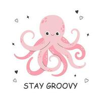 Cute smiling octopus with doodle elements and lattering isolated on white background. Funny underwater pink animal with eight tentacles. Childish character. Colored flat cartoon vector illustration