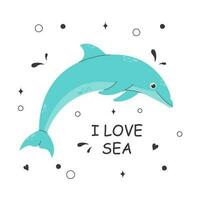póster con linda azul delfín con marina elementos en un blanco antecedentes. para niños personaje con un inscripción. de colores plano vector ilustración. concepto de ahorro y proteger mar criaturas