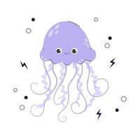 Cute smiling purple jellyfish or medusa. Funny underwater jellyfish with a kawaii face and tentacles. Children's colored flat vector illustration isolated on white background with doodle elements.