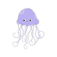 Cute smiling jellyfish or medusa. Funny underwater jelly fish with eyes. Childish colored flat cartoon vector illustration. Sea life with tentacles. Vector stock illustration.