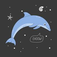 póster con linda azul delfín con marina elementos en un oscuro antecedentes. para niños personaje con un inscripción. de colores plano vector ilustración. concepto de ahorro y proteger mar criaturas
