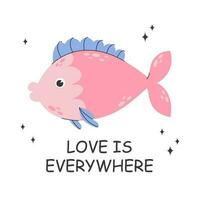 Poster with cute pink fish and lettering. Childish illustration of fish with doodle elements. Sea carp living at the bottom of the ocean. Vector stock illustration isolated on white background.