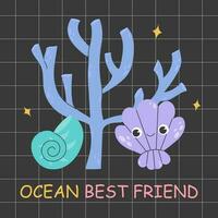 Poster with cute sea coral and seashells with lattering Ocean Child. Concept of saving and protecting sea creatures and ecosystem. Vector stock illustration. Colorful illustration ocean protection.