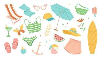 Set of summer stickers. Icons for tropical vacation. Seasonal elements collection. ice cream, pineapple, tropic leaves, cocktails, watermelon, beach accessories. Vector collection of cute elements