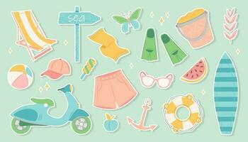 Big summer set. Summer set of cute elements swimsuit, sunglasses, sun lounger with umbrella, swimming circle, hat, fruit, ice cream, cocktail, fins and mask. Cartoon vector illustration. Flat sticker