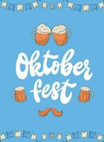 Oktoberfest retro lettering quote decorated with doodles on blue background for posters, prints, cards, signs, invitations, banners, etc. EPS 10 vector