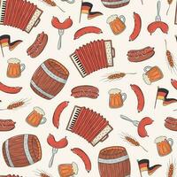 Oktoberfest seamless pattern with doodles of sausages, beer, barrels and flags. Wrapping paper, wallpaper, background,packaging, textile print design. EPS 10 vector