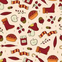 Autumn and Thanksgiving seamless pattern with hand drawn elements, doodles for wallpaper, wrapping paper, scrapbooking, stationary, textile prints, tablecloth and towels. Fall season theme. EPS 10 vector