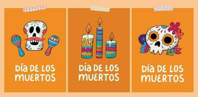 set od dia de los muertos greeting cards, posters, prints, signs, invitations, banners decorated with doodles and lettering quotes. EPS 10 vector