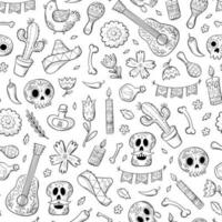 Dia de los muertos monochrome seamless pattern with hand drawn doodles, cartoon elements for wallpaper, scrapbooking, packaging, prints, coloring pages, wrapping paper, etc. EPS 10 vector