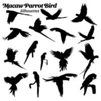 Macau parrot bird silhouettes vector illustration set.