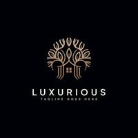 Luxury tree house line logo. Vintage ornamental calligraphic logo design on black background vector