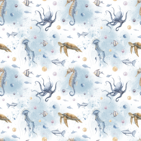 Seamless Pattern with Undersea animals. Hand drawn watercolor illustration with sea turtle and octopus on a transparent background. Backdrop with splashes for textile nautical wrapping paper. png