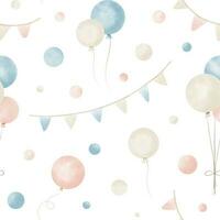 Pattern with air Balloons and confetti. Hand drawn Watercolor Seamless bavkground for Birthday wrapping paper or party design. Drawing in pastel colors on white photo