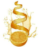 Slice of Orange Fruit with Juice splash and Peel. Hand drawn watercolor illustration of half of citrus food and zest on white isolated background. Drawing of tropical mandarin for tangerine label vector