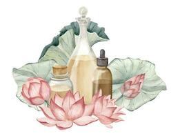 Glass Bottles and decanter with essential oil surrounded by pink lotus flowers. Hand drawn watercolor illustrations of vintage flacons with water lily on isolated background for aromatherapy vector