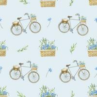 Seamless Pattern with old retro city Bicycle and watercolor Flowers isolated on pastel blue background. Hand drawn illustration with urban cycle and green plants for wrapping paper or textile design photo