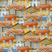 Old Town with Houses seamless Pattern. Hand drawn watercolor illustration of buildings with red roofs. Background with fairytale city for wrapping paper or banner. Texture with Europe street photo