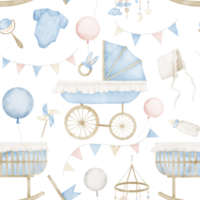 Seamless watercolor Pattern with Baby Toys and rattles. Hand drawn illustration with pinwheel, teether, balloons and garland on a transparent background. Ornament in pastel colors for childish textile png