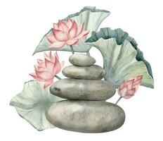 Stack of flat Pebbles with pink Lotuses and leaves. Hand drawn watercolor illustration of balancing stones and water lily on white isolated background. Drawing of rocks for meditation and Zen design vector