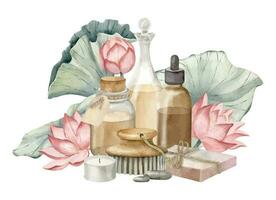 spa productos cosméticos con loto flores, Clásico frascos y jabón. mano dibujado acuarela ilustración de cuerpo cuidado productos y rosado agua lirio en blanco aislado antecedentes. dibujo de artículos de aseo vector