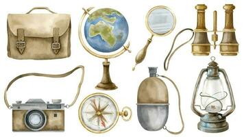 Vintage equipment set. Hand drawn watercolor illustration of retro globe, magnifying and lantern on white isolated background. Old instruments for navigation, travel and the science for clipart vector