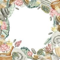 Spa Square Frame with Lotus Flowers and vintage toiletries. Hand drawn watercolor illustration of natural cosmetics on white isolated background. Drawing with body care products for icon or logo vector