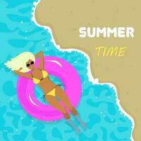 summer card, girl swims on a circle, seaside vacation vector