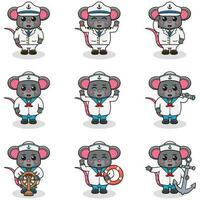 Funny Mouse sailors set. Cute Mouse characters in captain cap cartoon vector illustration.