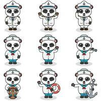 Funny Panda sailors set. Cute Panda characters in captain cap cartoon vector illustration.