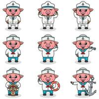 Funny Pig sailors set. Cute Pig characters in captain cap cartoon vector illustration.