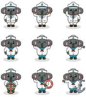 Funny Koala sailors set. Cute Koala characters in captain cap cartoon vector illustration.