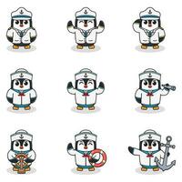 Funny Penguin sailors set. Cute Penguin characters in captain cap cartoon vector illustration.
