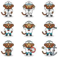 Funny Monkey sailors set. Cute Monkey characters in captain cap cartoon vector illustration.