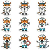 Funny Tiger sailors set. Cute Tiger characters in captain cap cartoon vector illustration.