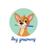 Dog grooming. Logo. Grooming salon for dogs. Grooming concept. Cartoon design. Dog care concept. Cute red dog. Vector illustration in cartoon style.