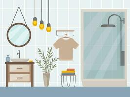 Modern bathroom interior with shower cabin, mirror and sink, accessories shampoo, shower gel, soap, potted plant, shelf, stool with towels. Bathroom lighting. Vector illustration in flat style.